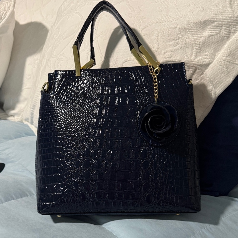 Elegant Navy Crocodile-Embossed Handbag